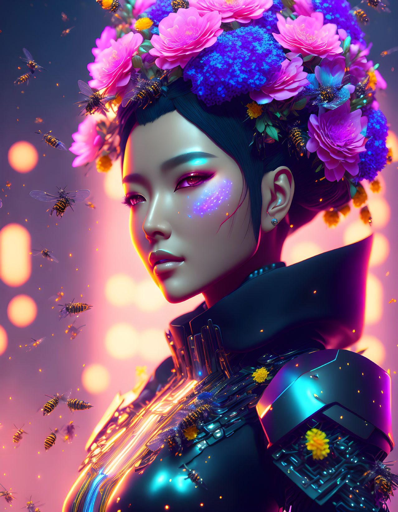 Digital artwork: Woman in floral headwear and futuristic armor with glowing bees on pink and blue backdrop