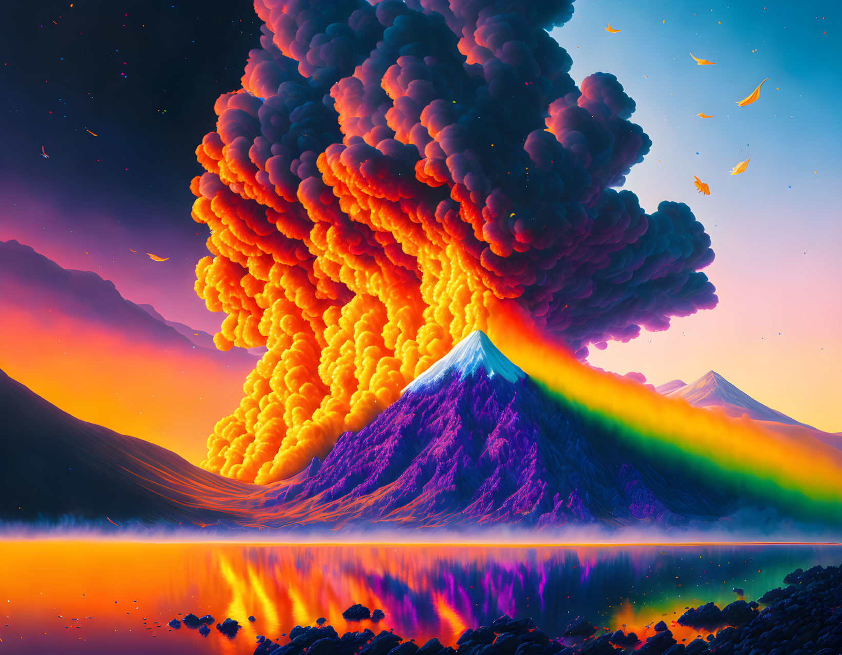 Colorful Illustration: Volcanic Eruption with Smoke and Lava by Twilight