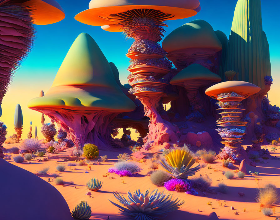 Surreal desert landscape with oversized mushroom structures