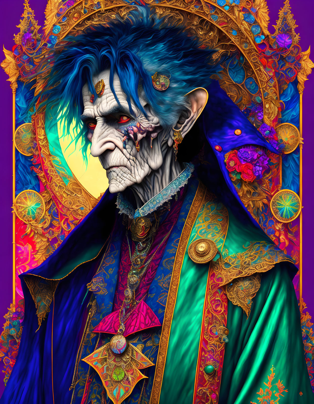 Detailed Digital Artwork: Regal Blue Vampire in Ornate Gold and Emerald Clothing