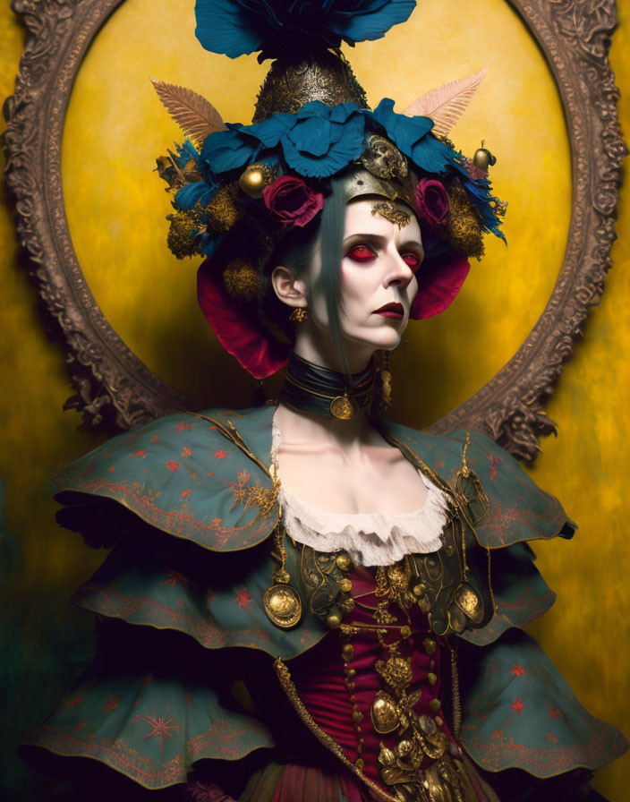 Person in Theatrical Makeup and Renaissance Costume with Gold Accents and Feather Headdress