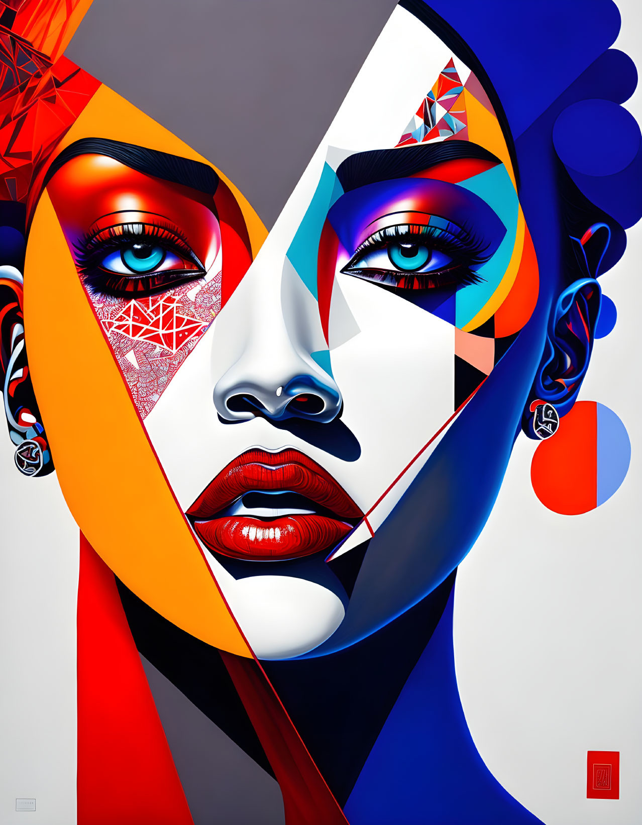 Colorful geometric digital artwork of a woman's face in red, white, and blue.