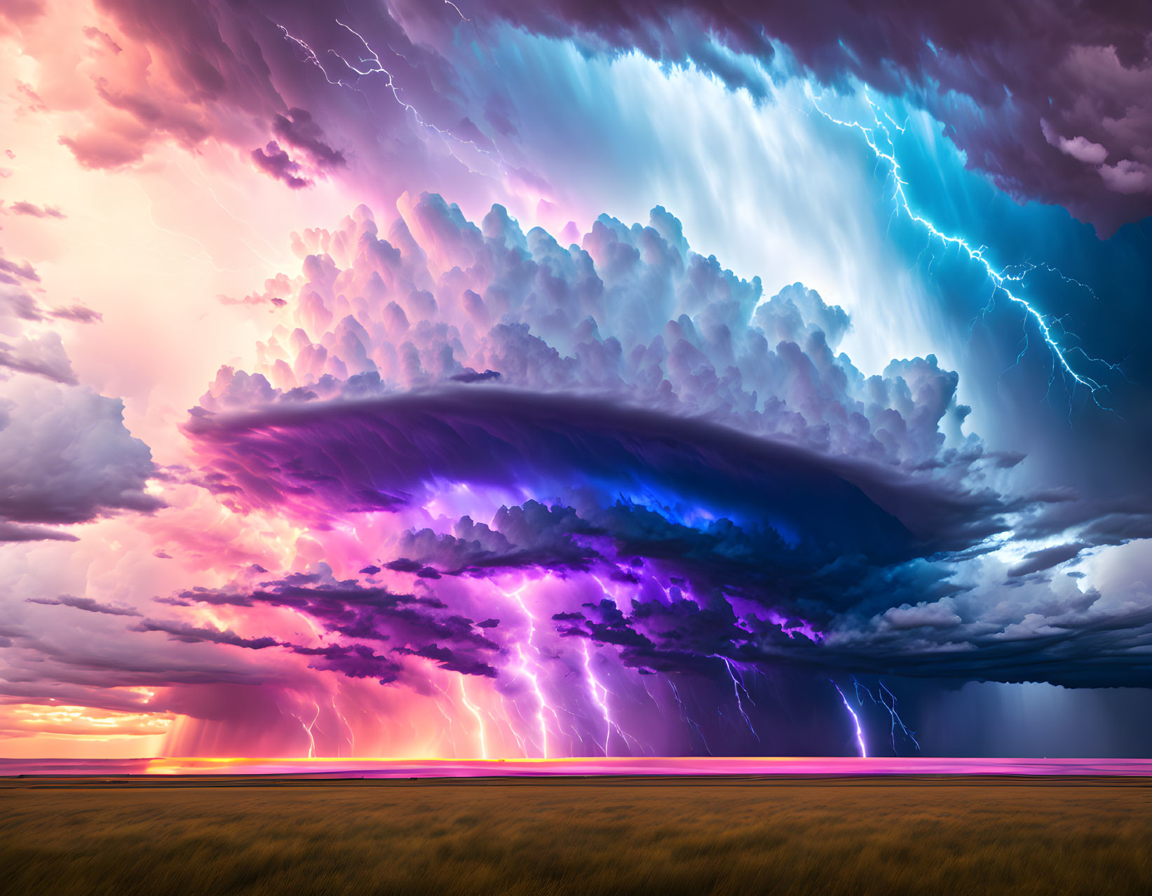 Vibrant purple and blue lightning in dramatic storm scene