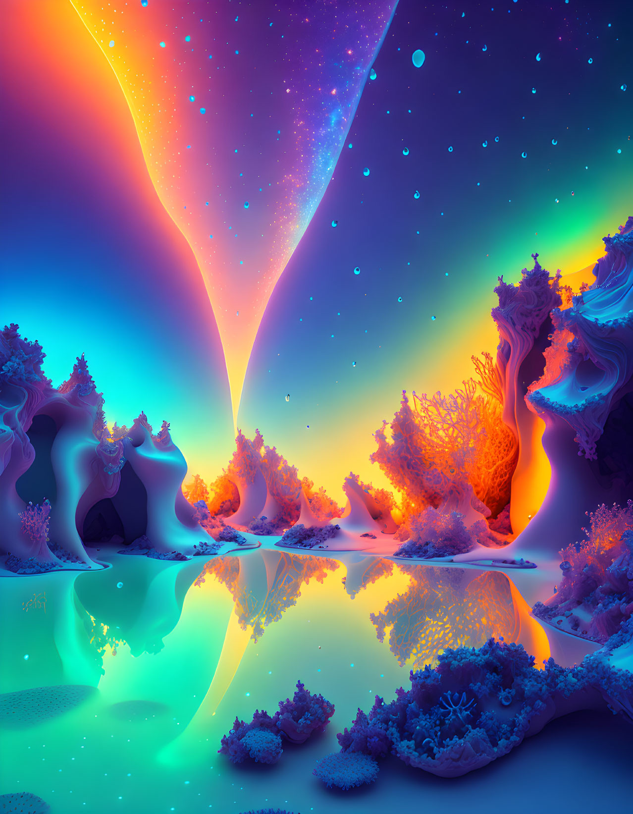 Colorful Aurora Skies Over Fantasy Landscape