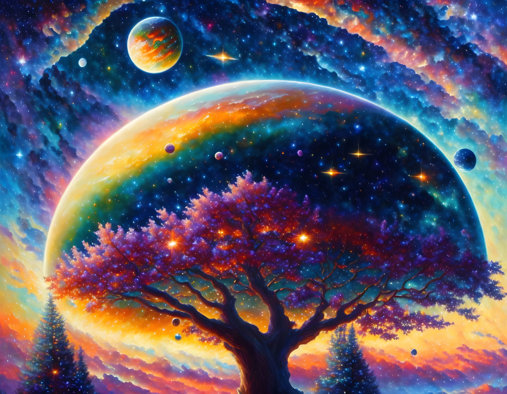 Colorful cosmic painting of tree under starry night sky & surreal planetary landscape.