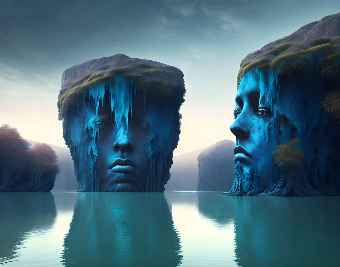 Colossal Stone Heads with Human Features in Tranquil Lake