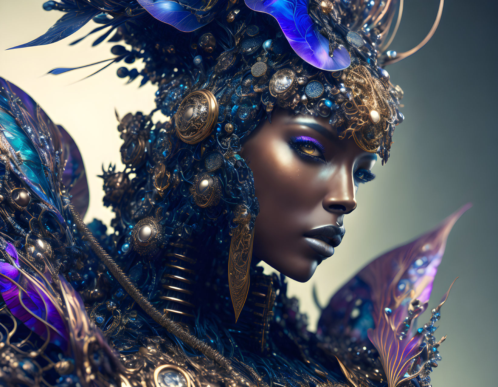 Regal fantasy digital artwork of woman with blue and gold headdress.