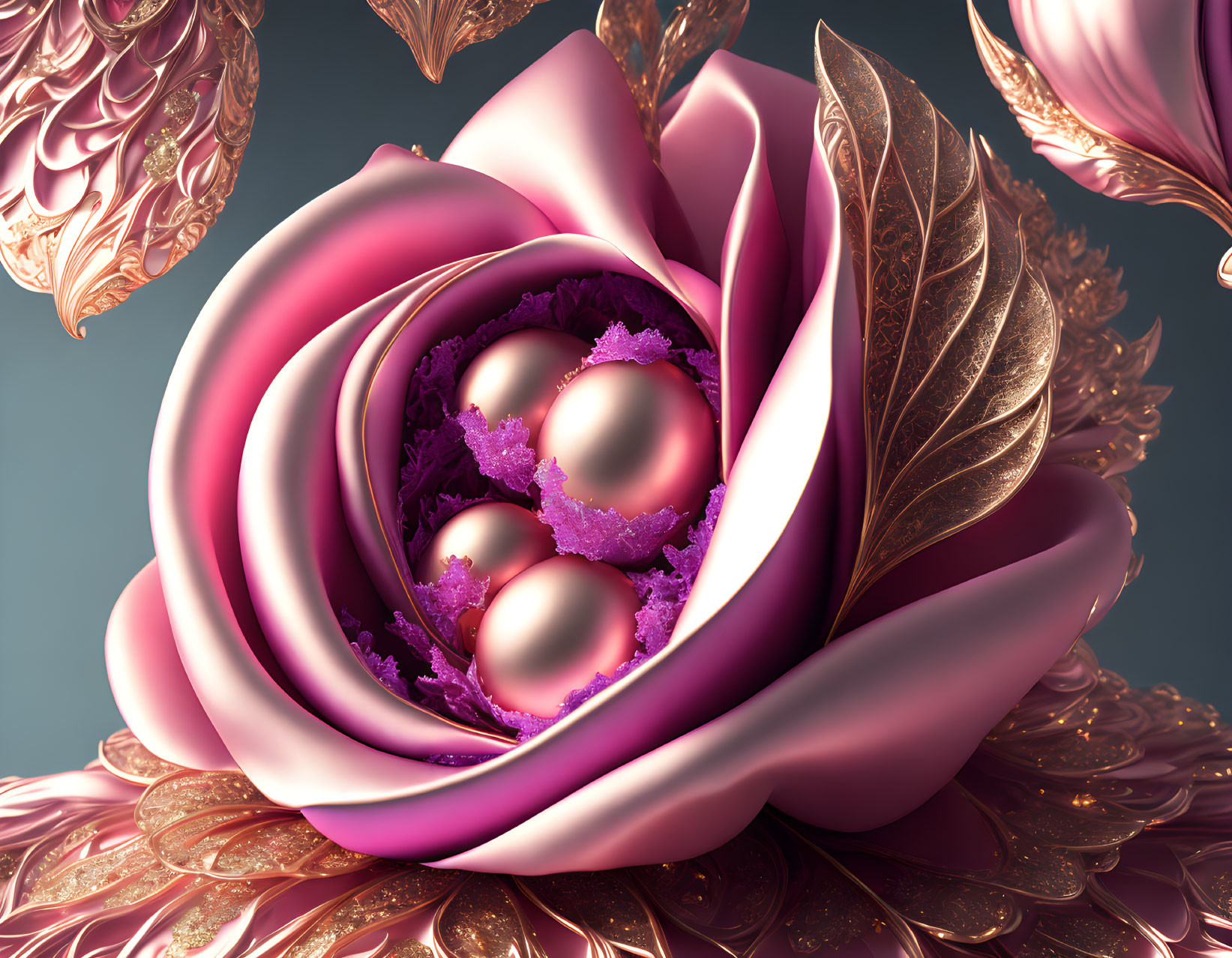 Stylized pink rose digital artwork with gold leaves and purple crystals