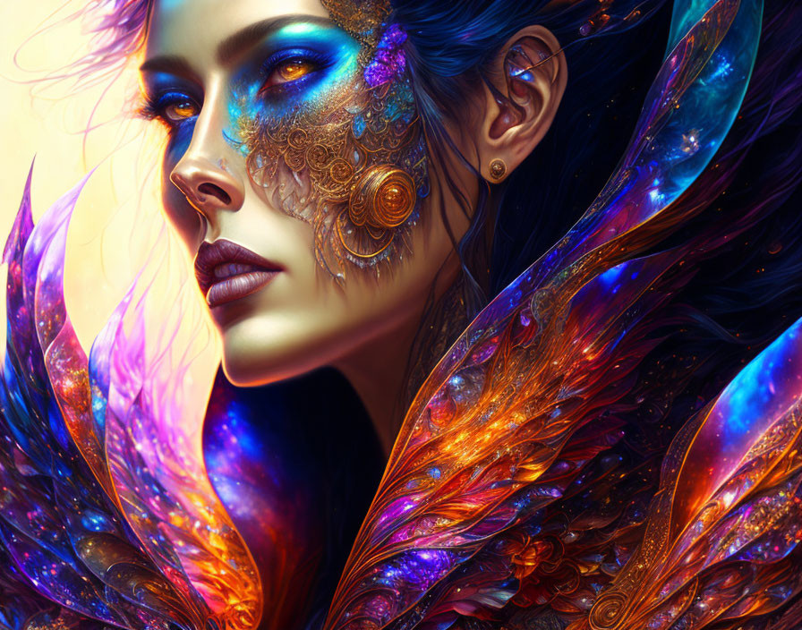 Colorful digital artwork of woman with blue ornate makeup and feather-like adornments