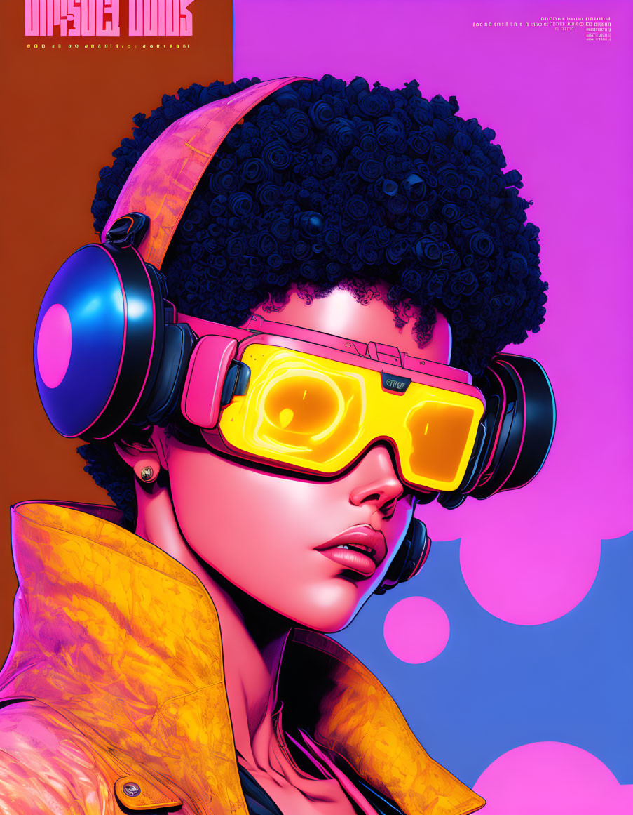 Colorful illustration of person with afro and goggles on pink background