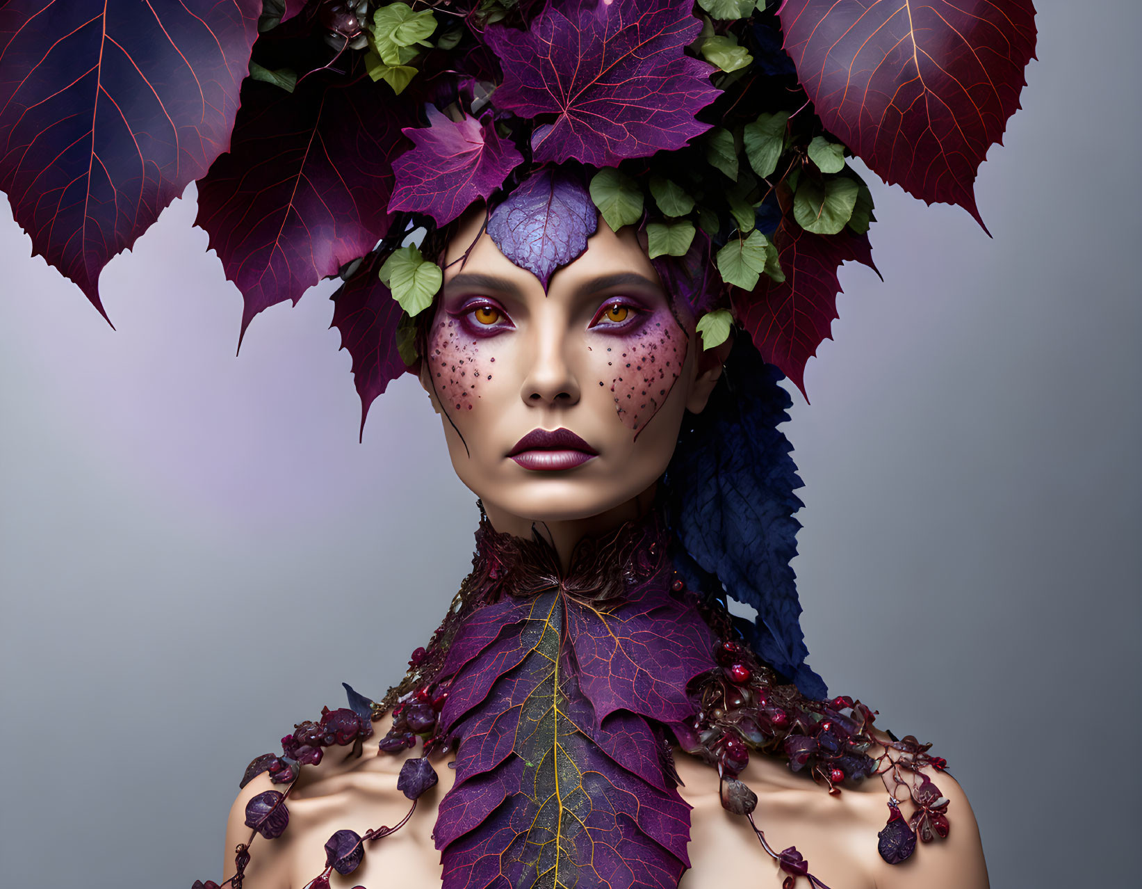 Woman with Vibrant Purple and Blue Makeup and Autumn Leaf Headdress on Gray Background