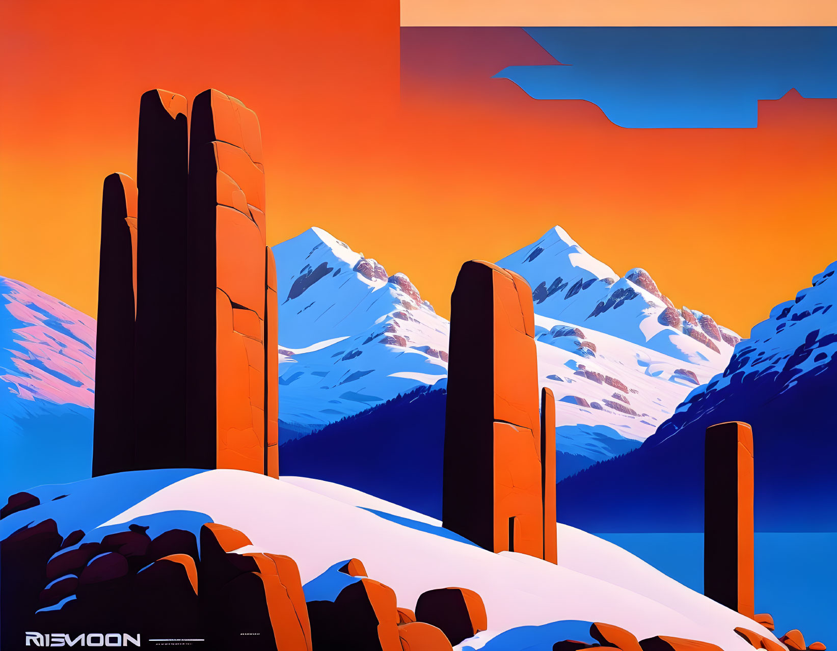 Abstract geometric shapes with snowy mountain peaks in vibrant digital landscape