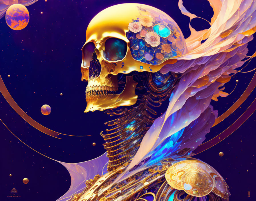 Golden Skeleton with Floral Patterns on Cosmic Background