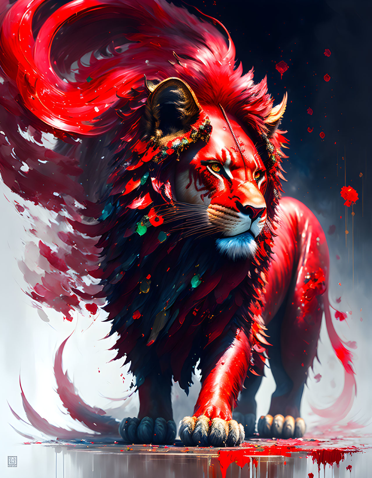 Stylized red lion with flowing mane in dynamic brush strokes