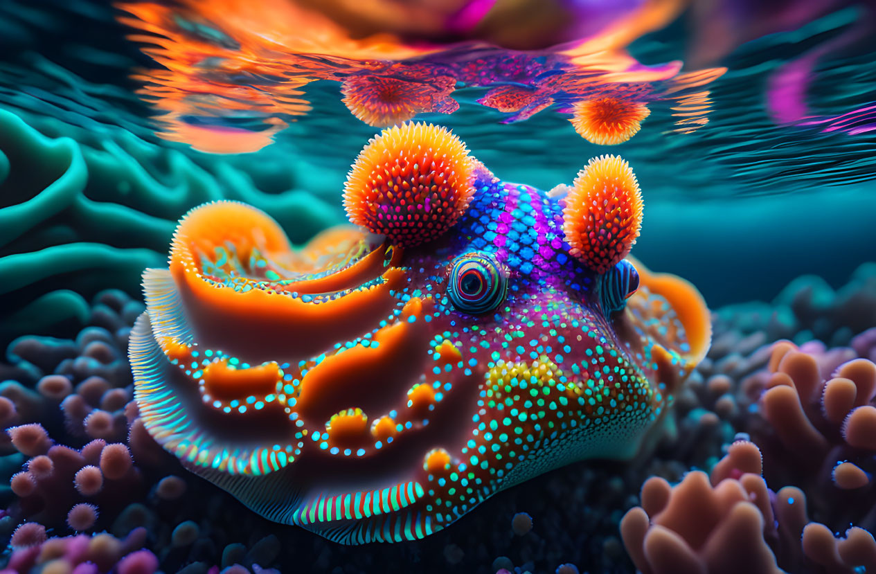 Colorful surreal fish swimming among coral in digital art