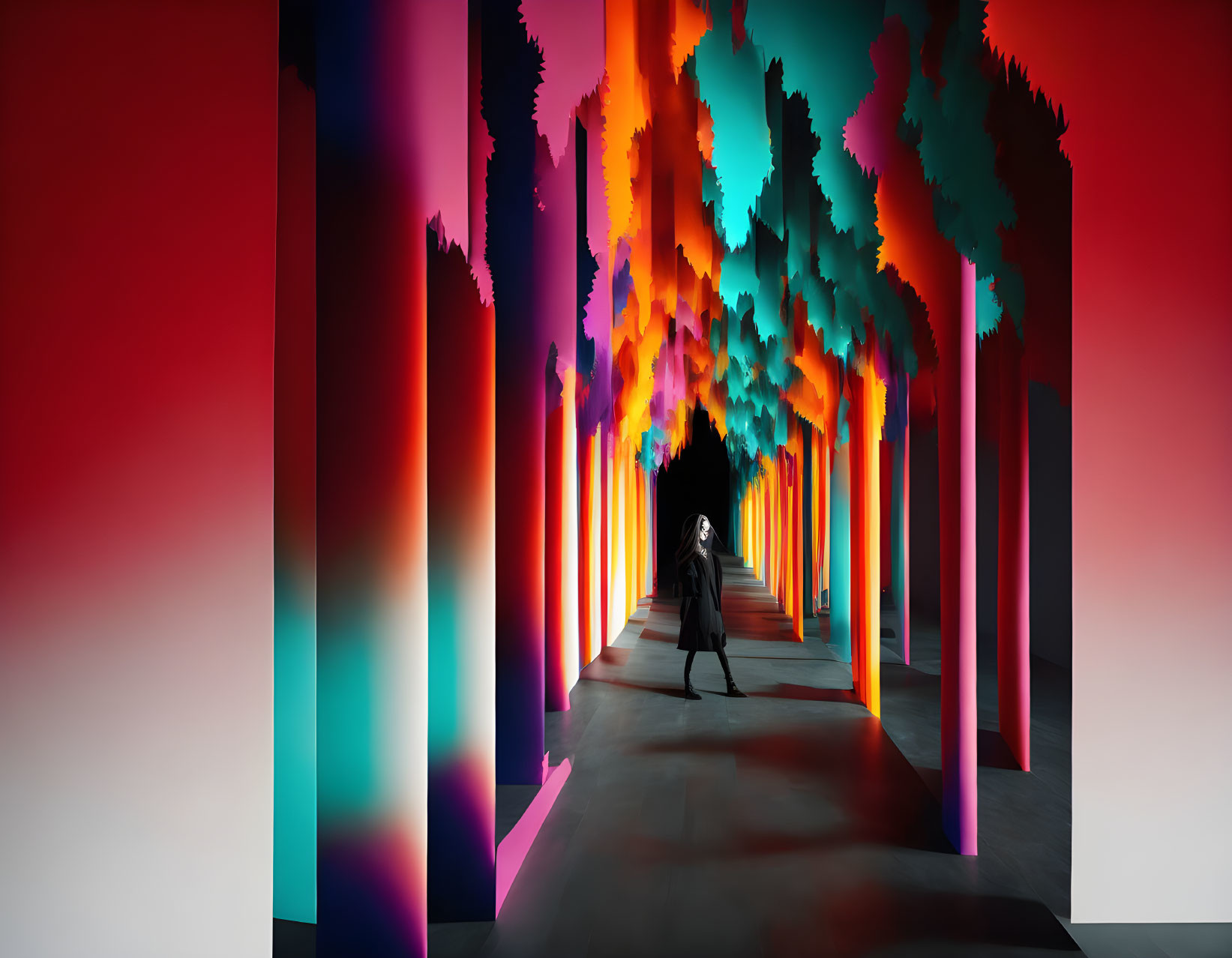 Colorful corridor with tree-shaped pillars: Surreal forest illusion