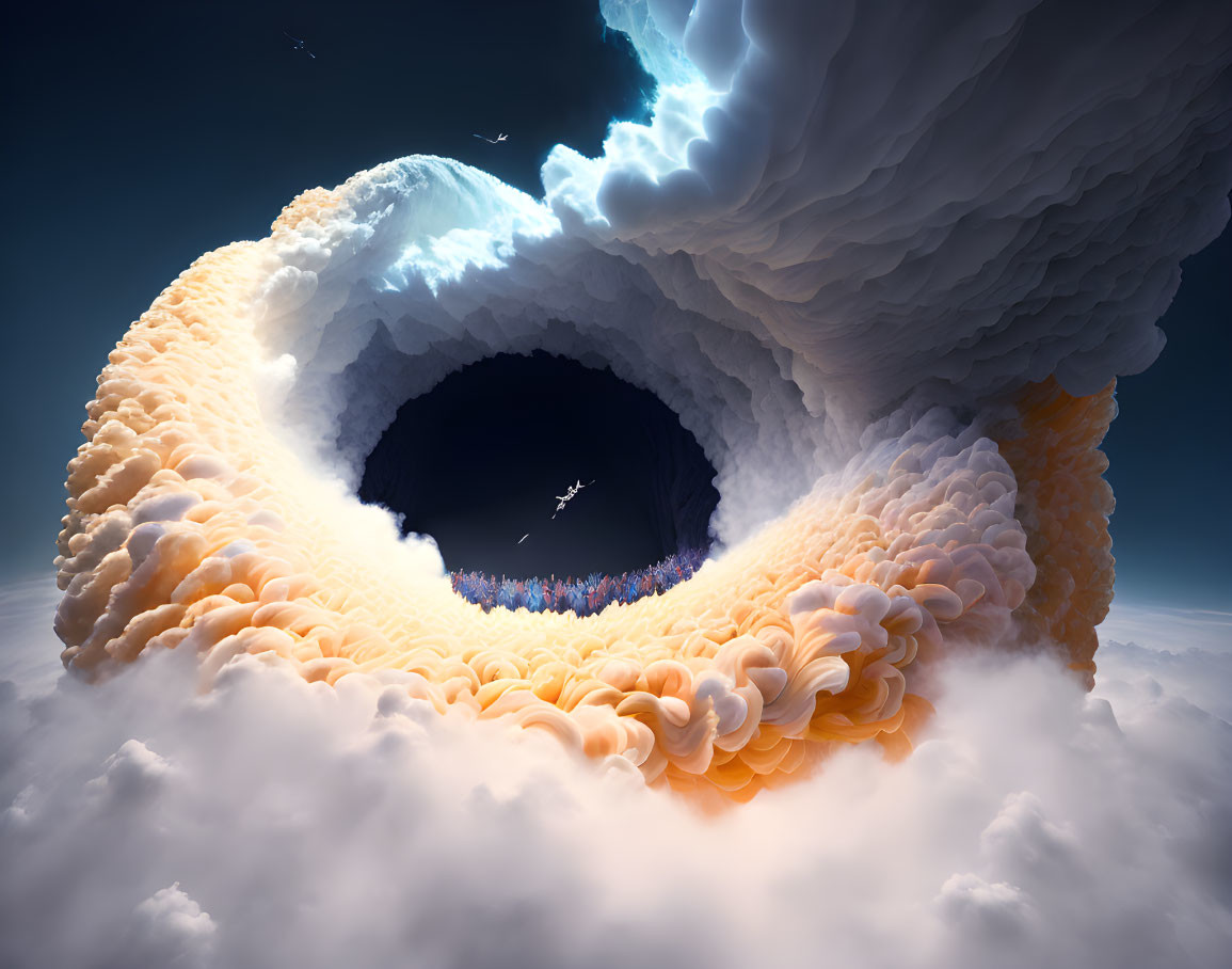 Surreal cloudscape with circular tunnel and airplane in orange-blue gradient