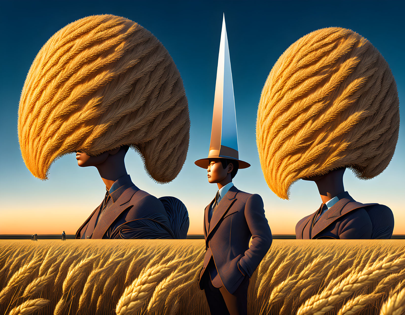 Surreal figures with cone-shaped heads in wheat field under vast sky