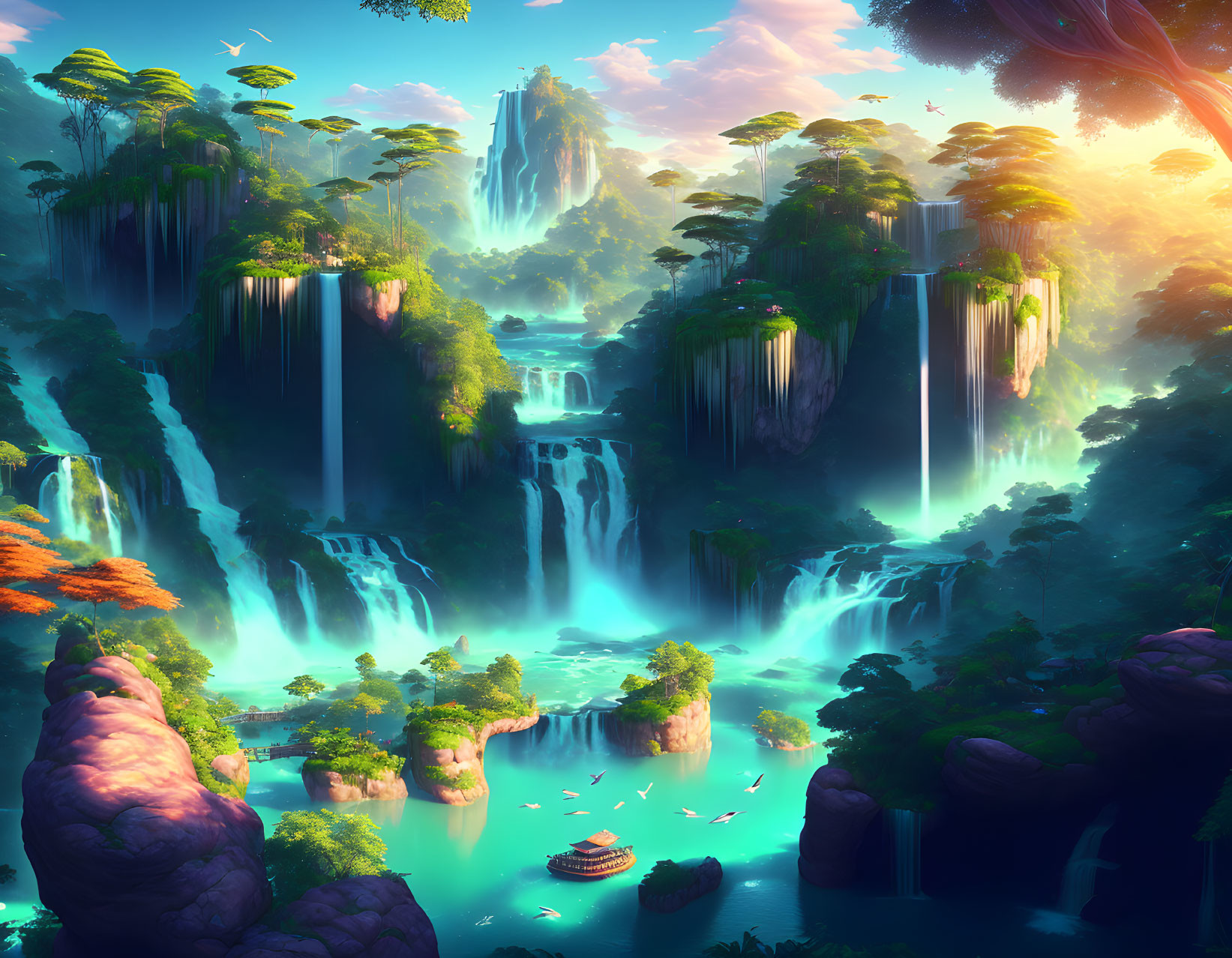 Fantastical landscape with waterfalls, greenery, islands, turquoise river