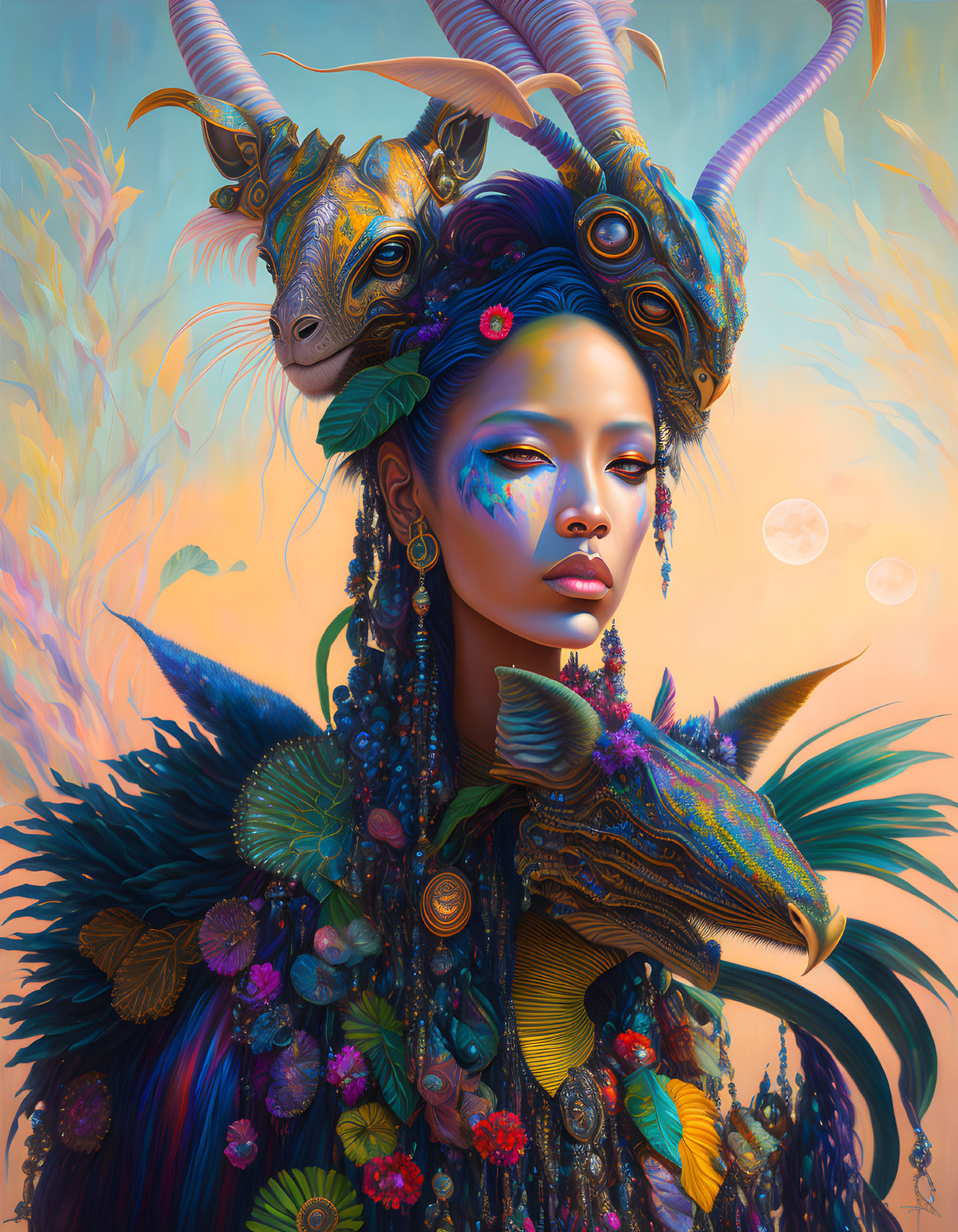 Colorful Makeup Woman with Capricorn Headdress and Dragon Shoulder Companion