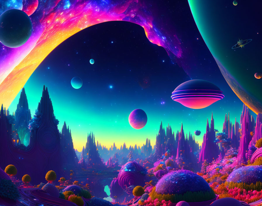 Colorful fantasy landscape with crystalline structures, exotic flora, and neon-bright sky