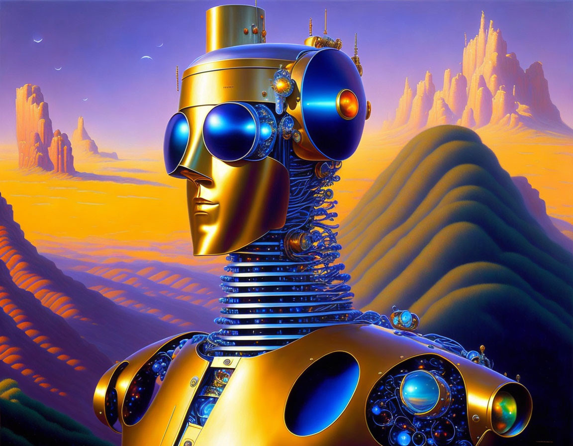 Vibrant Futuristic Artwork: Detailed Robot in Alien Landscape