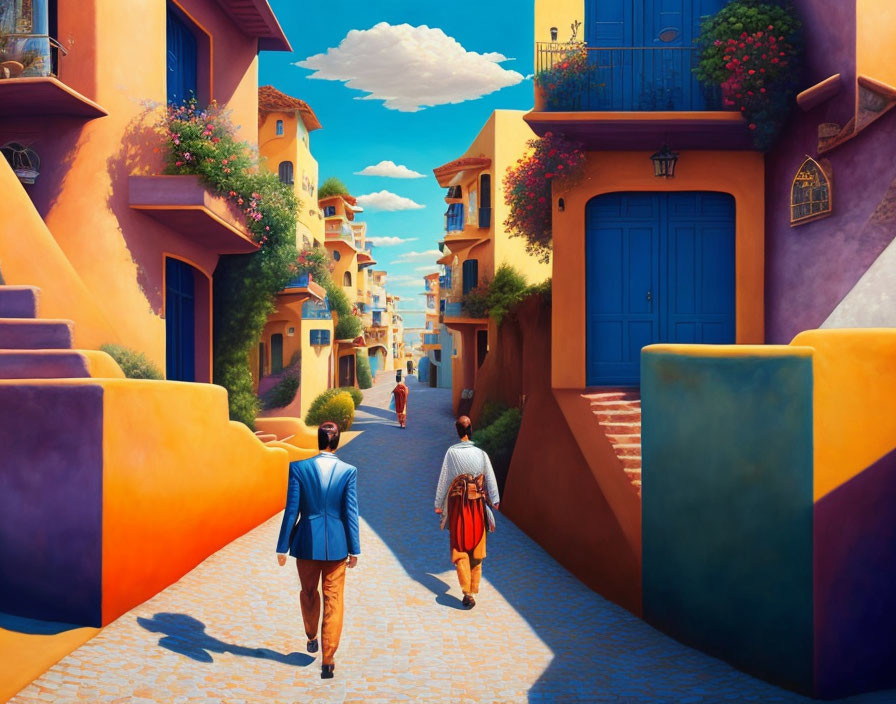 Colorful painting of people walking in vibrant street scene