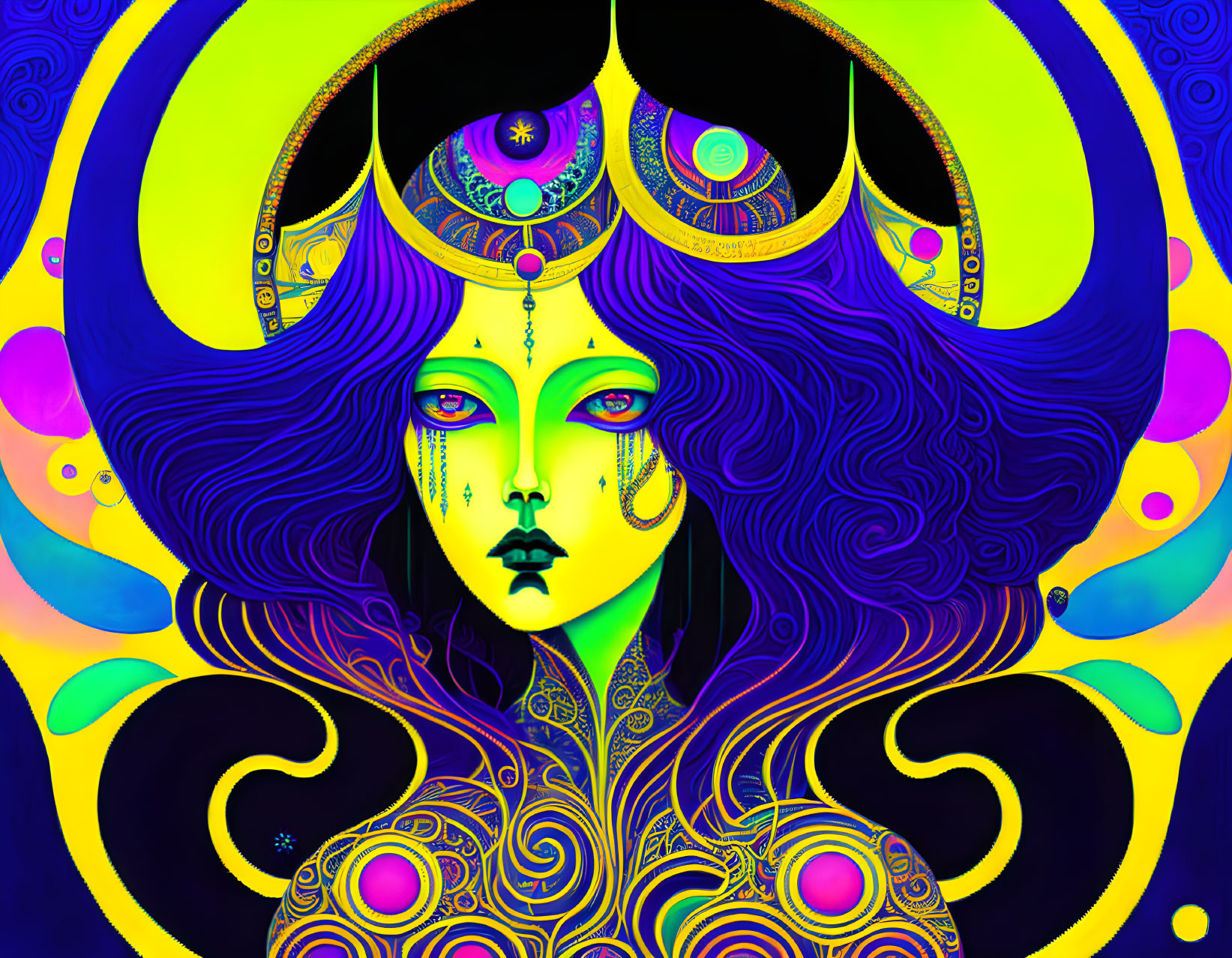 Colorful Psychedelic Female Figure with Ornate Headdress and Patterns