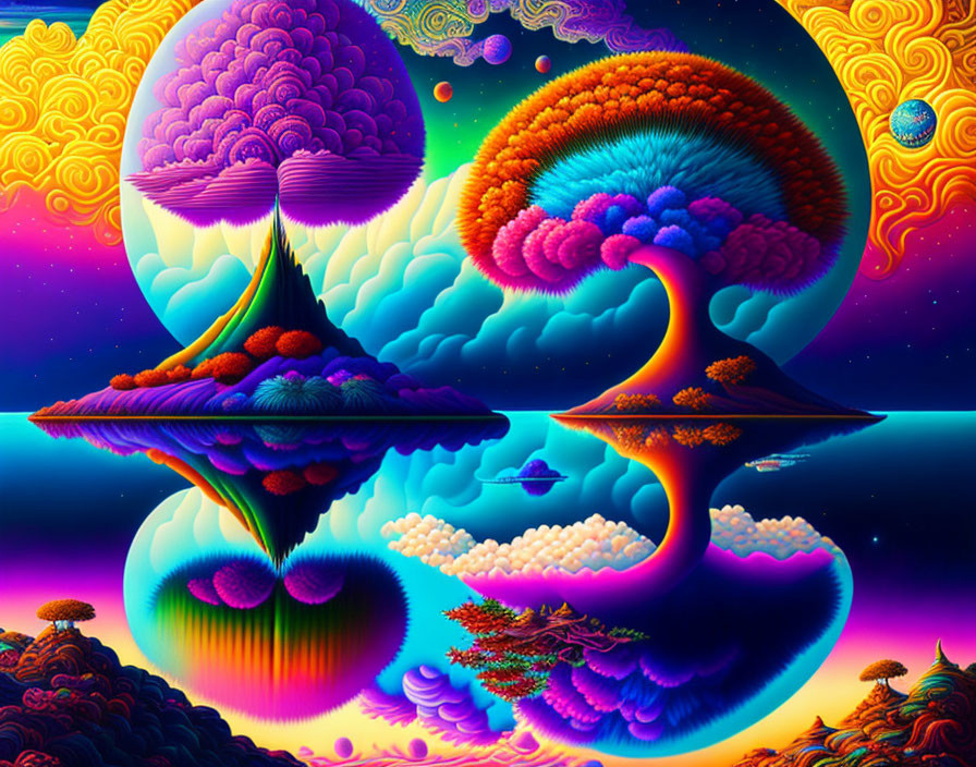 Surreal digital artwork: Psychedelic landscapes, floating islands