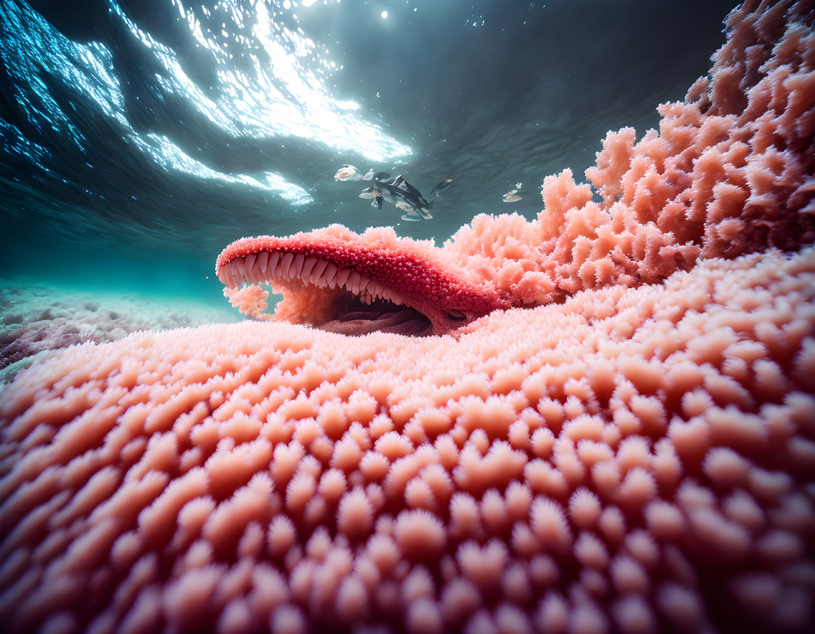 Vibrant Pink Coral with Star-Shaped Polyps and School of Fish in Underwater Scene