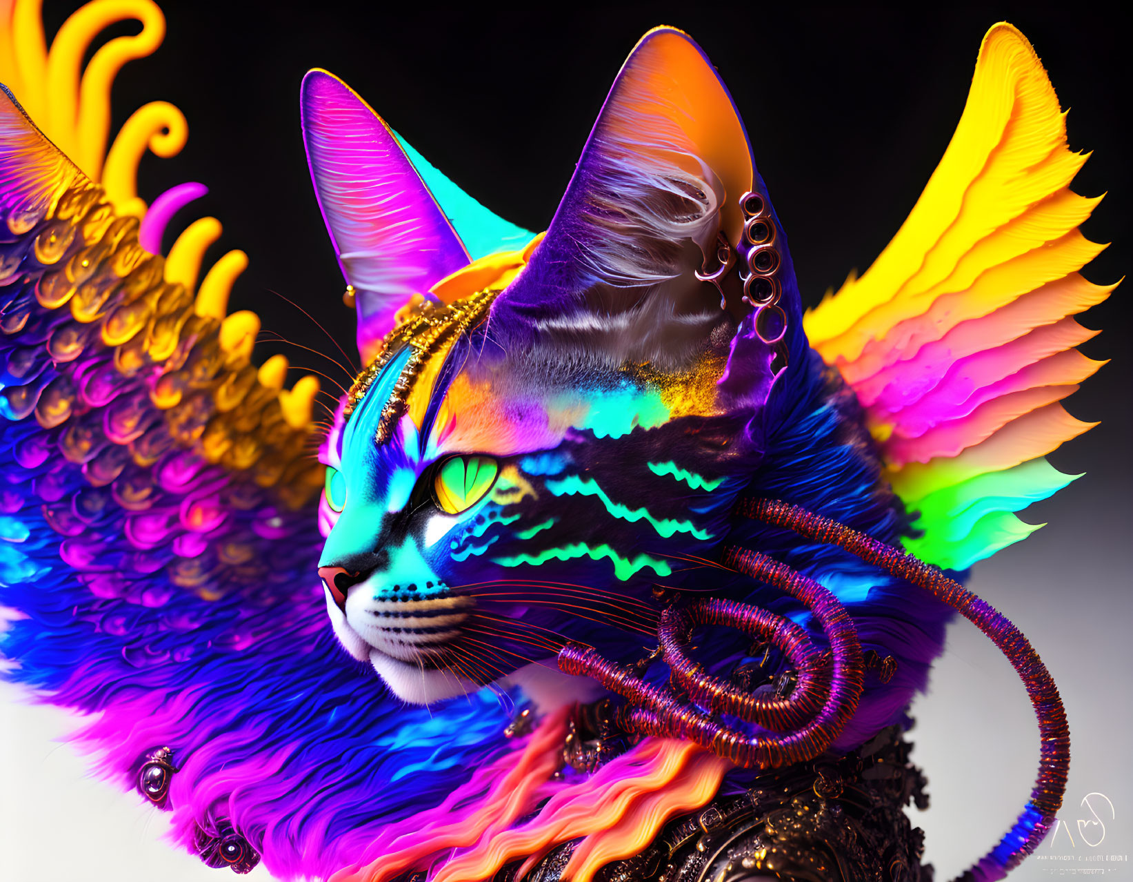 Colorful fantastical creature with cat face, iridescent wings, jewelry, vibrant rainbow mane