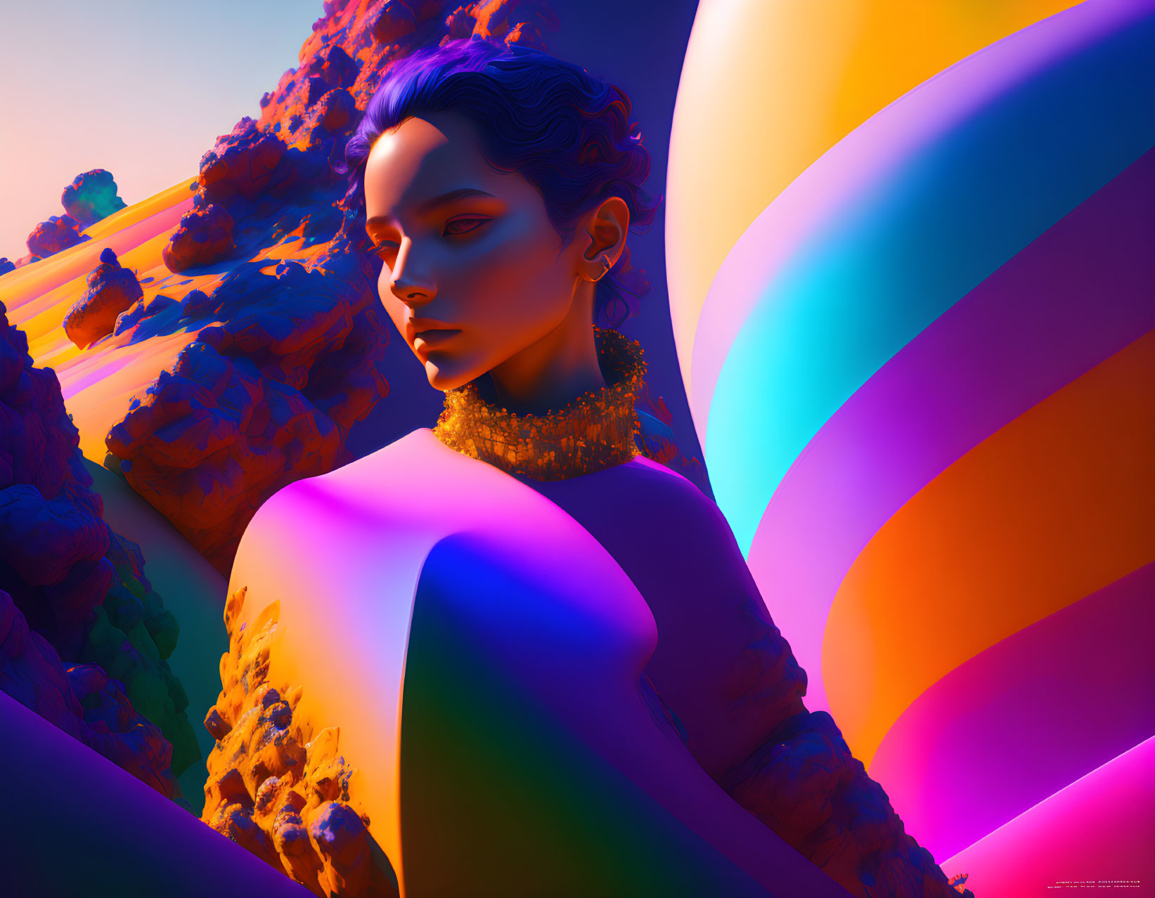 Woman with intricate hairstyle and bold makeup in surreal, neon-lit landscape