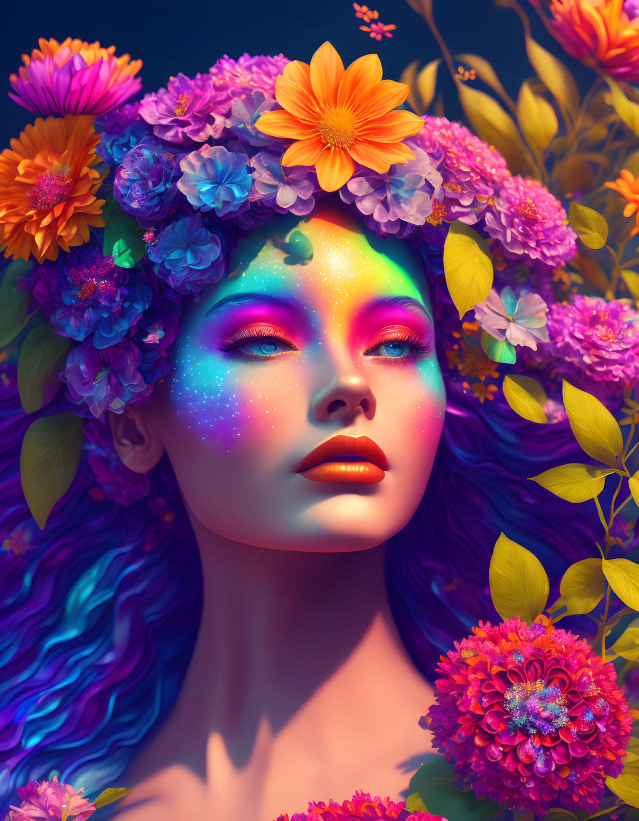 Colorful portrait of woman with cosmic makeup and flowers in purple and orange palette.