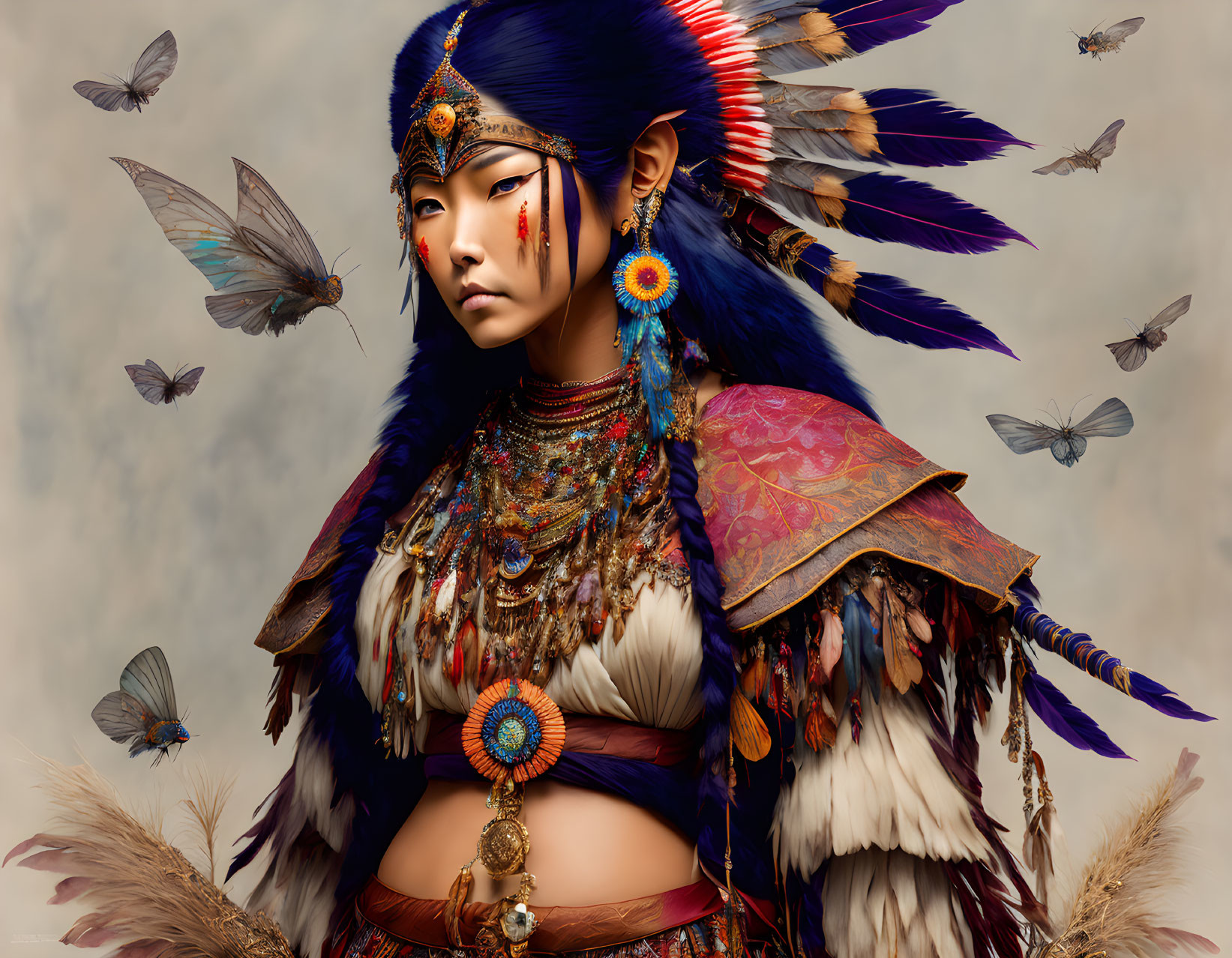 Digital Artwork: Woman in Native American Headdress with Butterflies