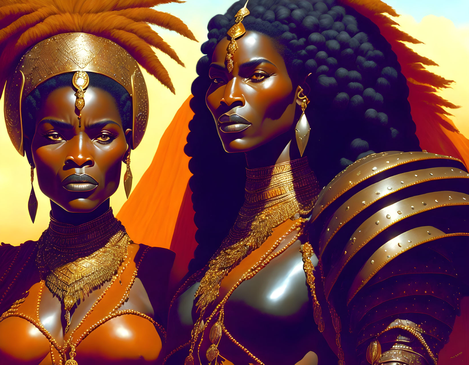 Stylized African warrior women with elaborate hairstyles and golden armor on orange backdrop