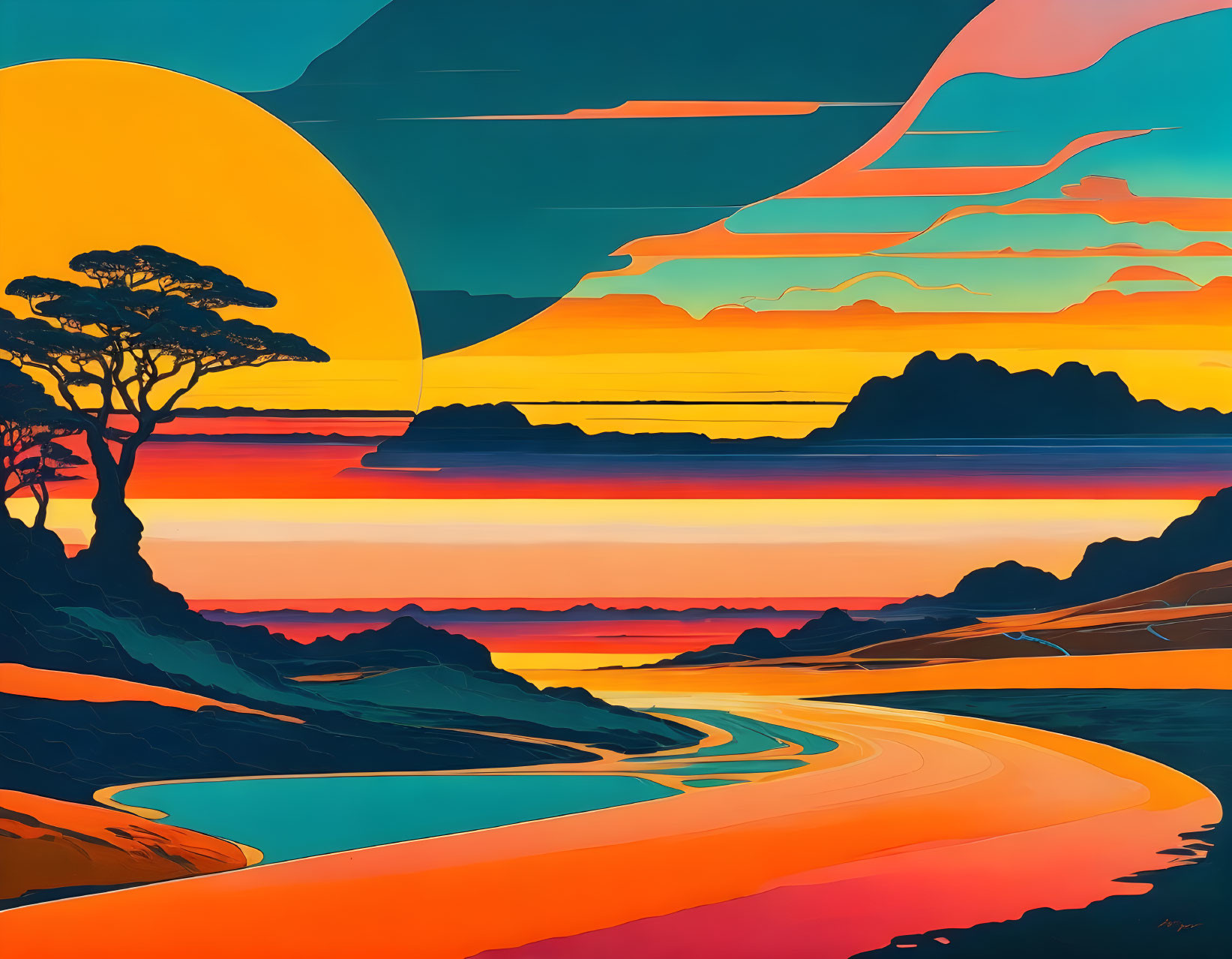 Colorful Stylized Landscape with Sun, Tree, Hills, and River