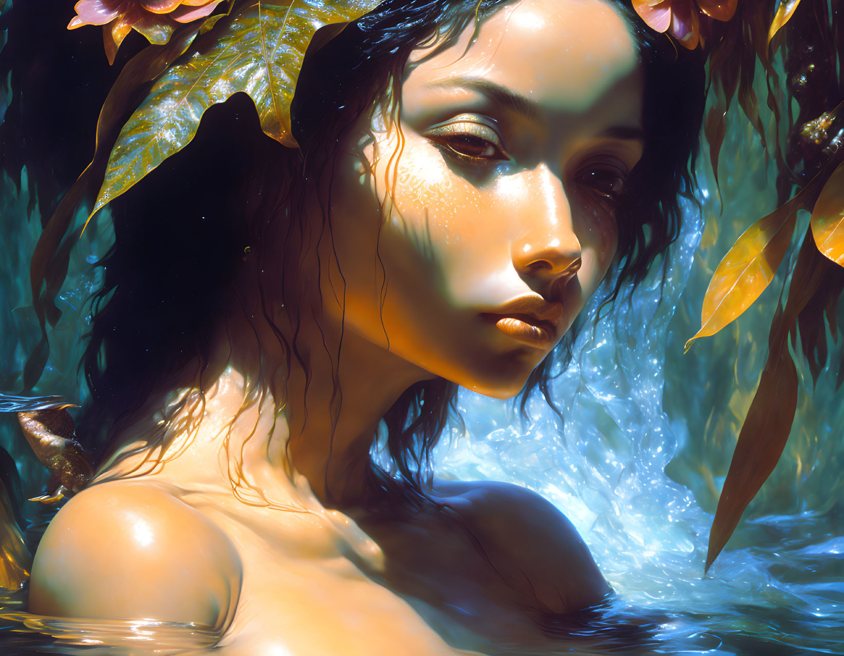 Woman with wet hair in water surrounded by foliage and contemplative expression.