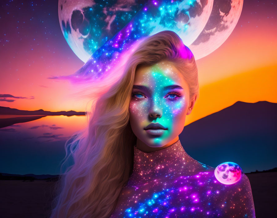 Surreal portrait of woman with cosmic elements on twilight horizon