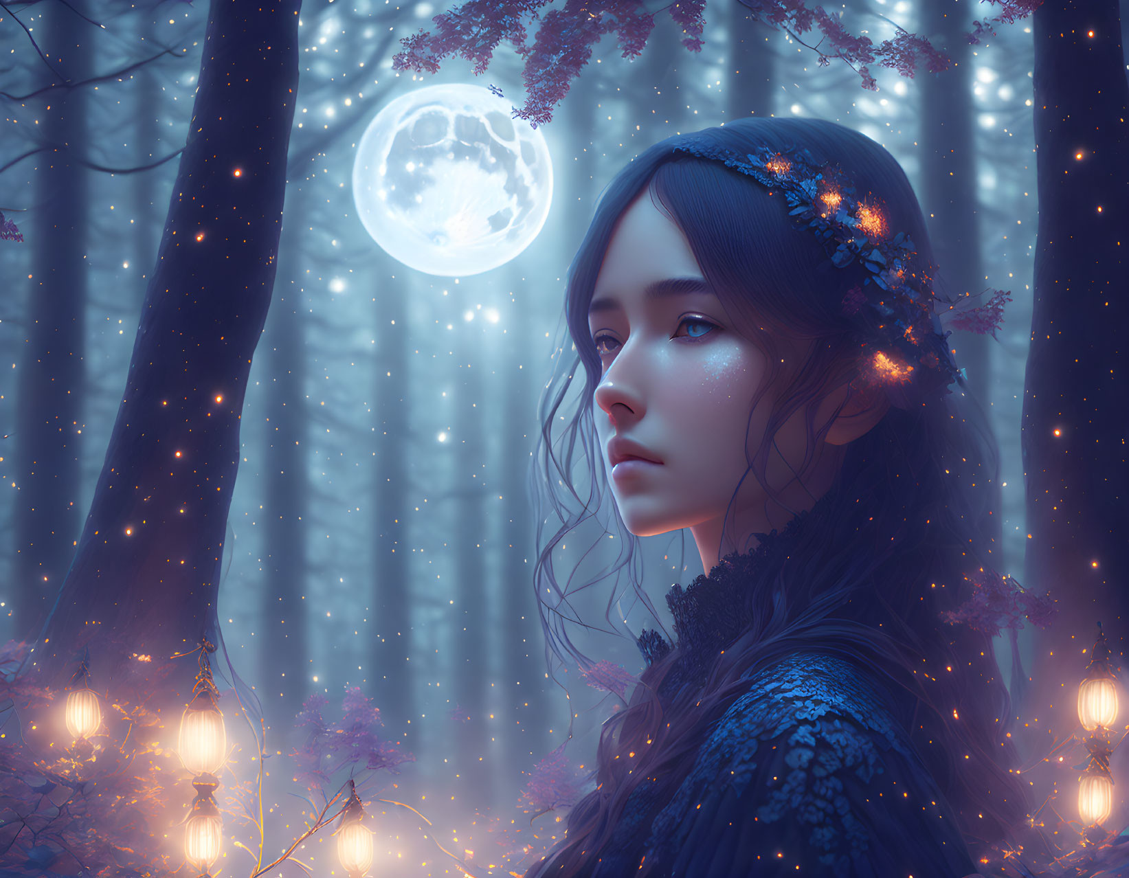 Illustration of woman in flowered hair in enchanted forest at night