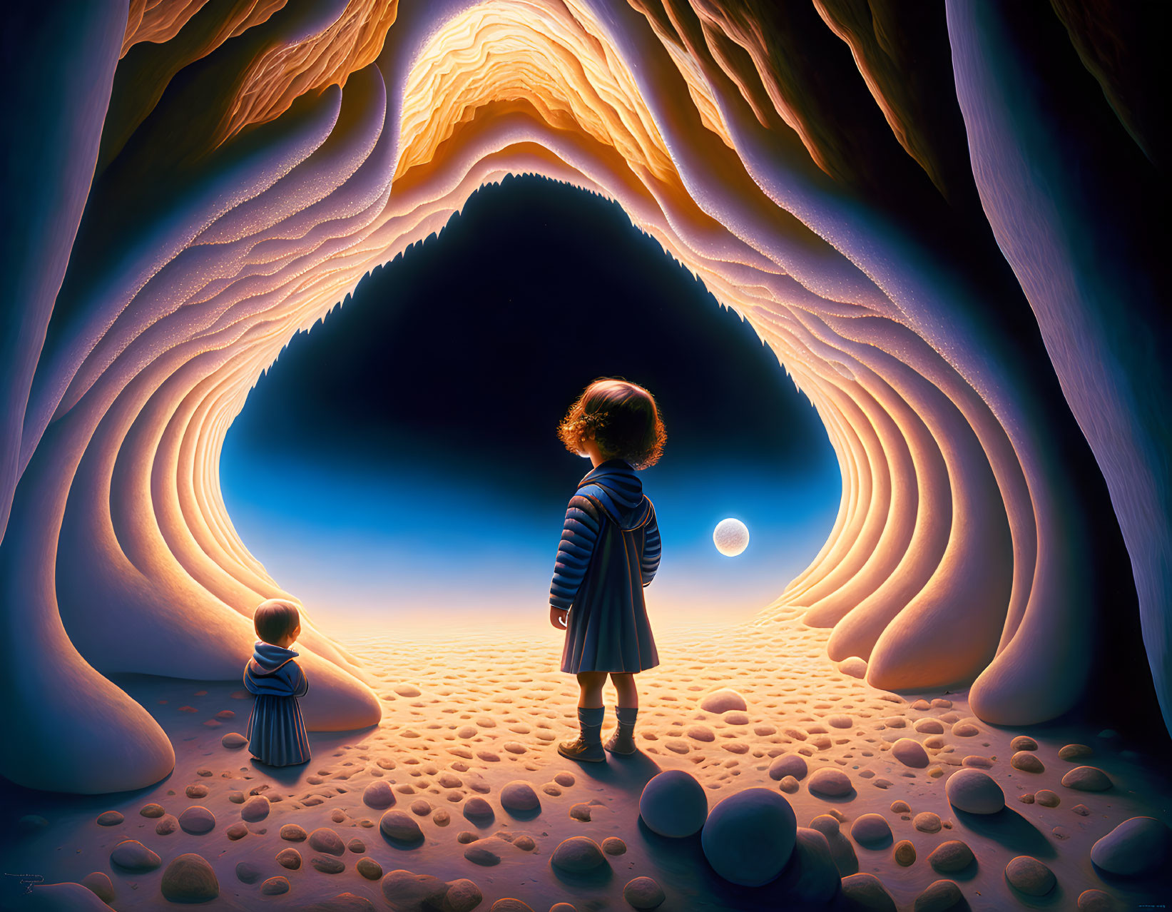 Children at entrance of surreal sandstone cave under twilight sky