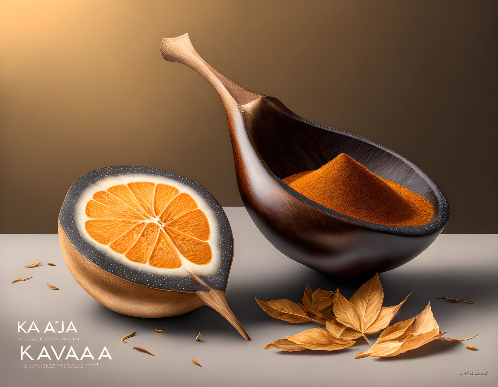 Wooden spoon art with spices, citrus, and leaves display "KA'AJA KAVAA