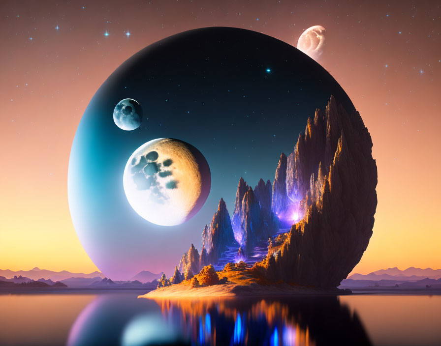 Surreal landscape with large moon, planets, rocky terrain, illuminated trees, calm lake, star