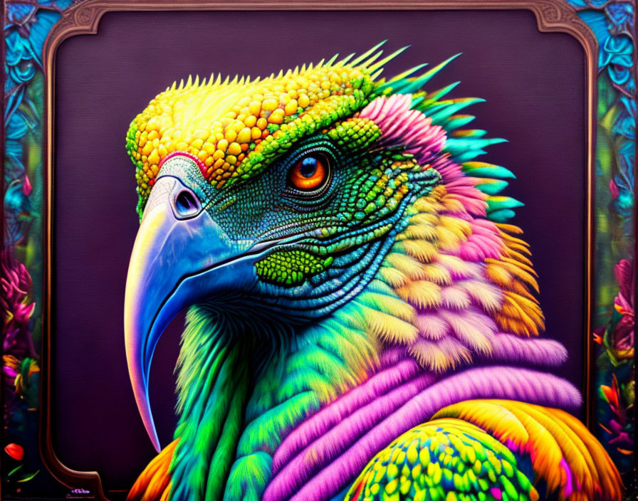 Colorful Bird Painting with Rainbow Plumage and Neon Palette