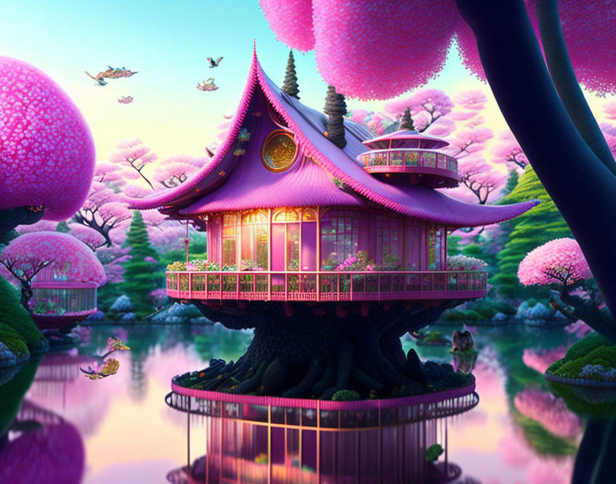 Digital artwork: Asian-style house on tree with pink foliage under twilight sky