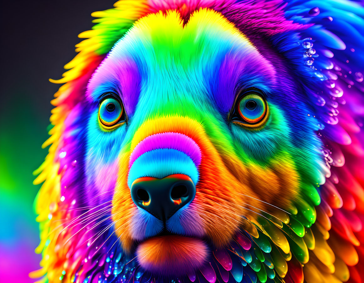 Colorful Bear Portrait with Rainbow Fur and Intense Eyes