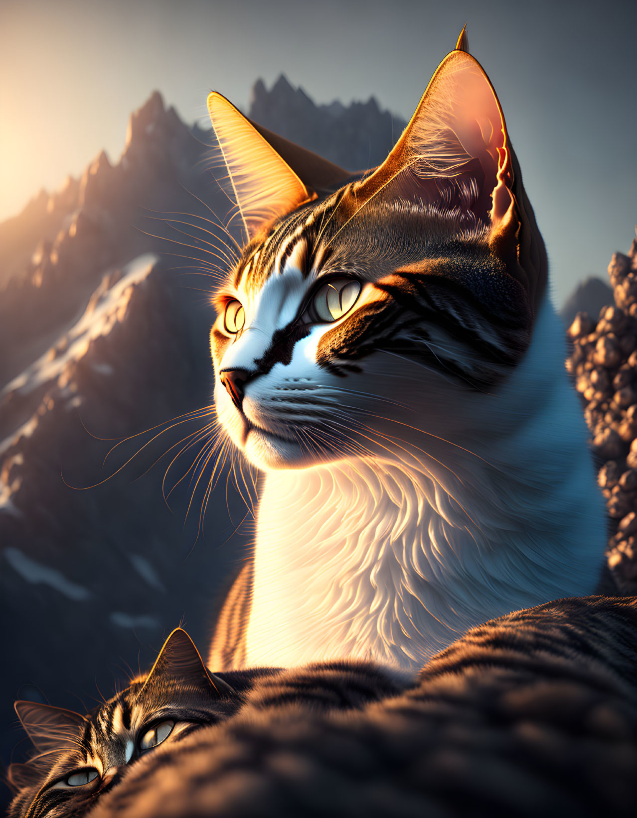 Detailed digital artwork: Two majestic cats with golden horns against sunlit mountains