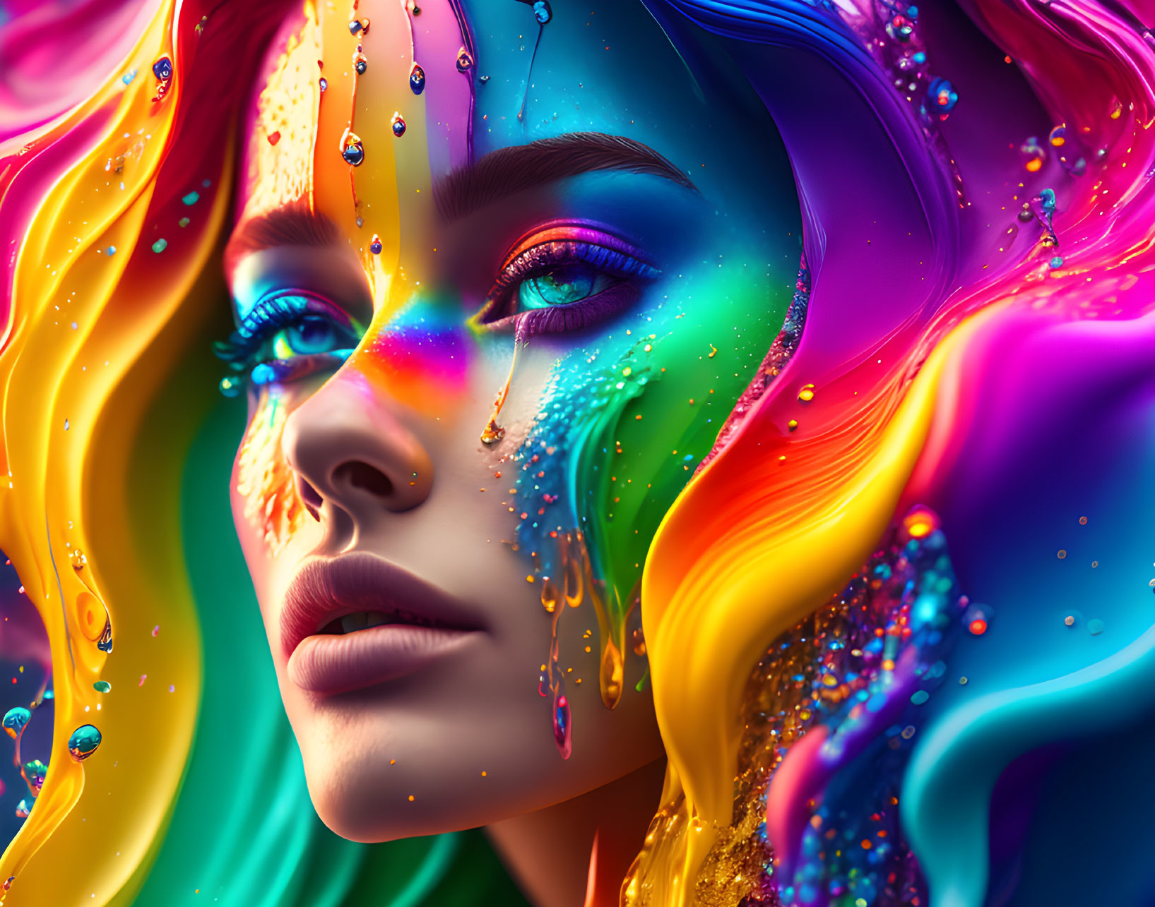 Colorful digital artwork: Woman with multicolored hair and iridescent skin