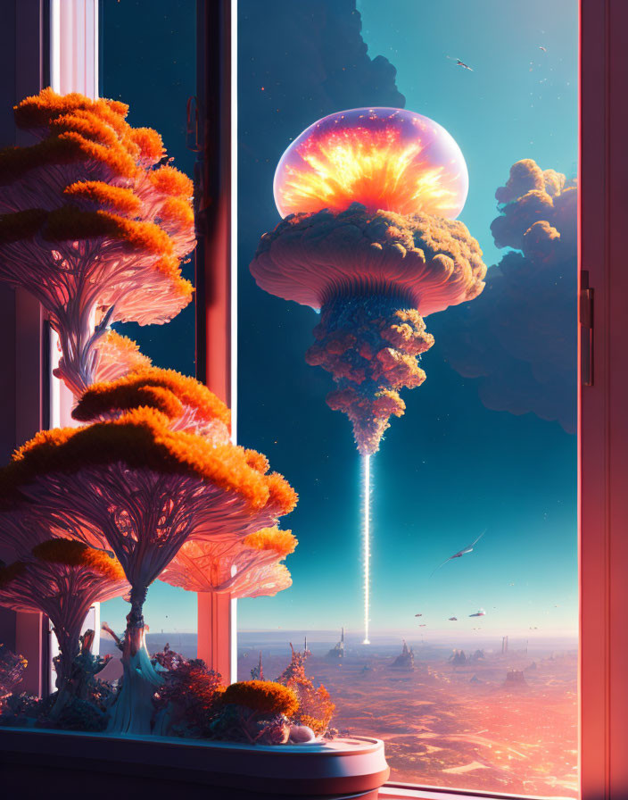 Vibrant orange trees in surreal landscape with mushroom cloud