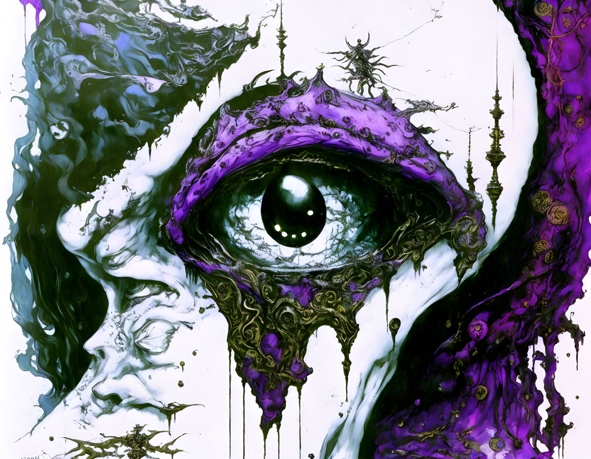 Vivid Abstract Art: Surreal Eye in Swirling Purple and Black Patterns