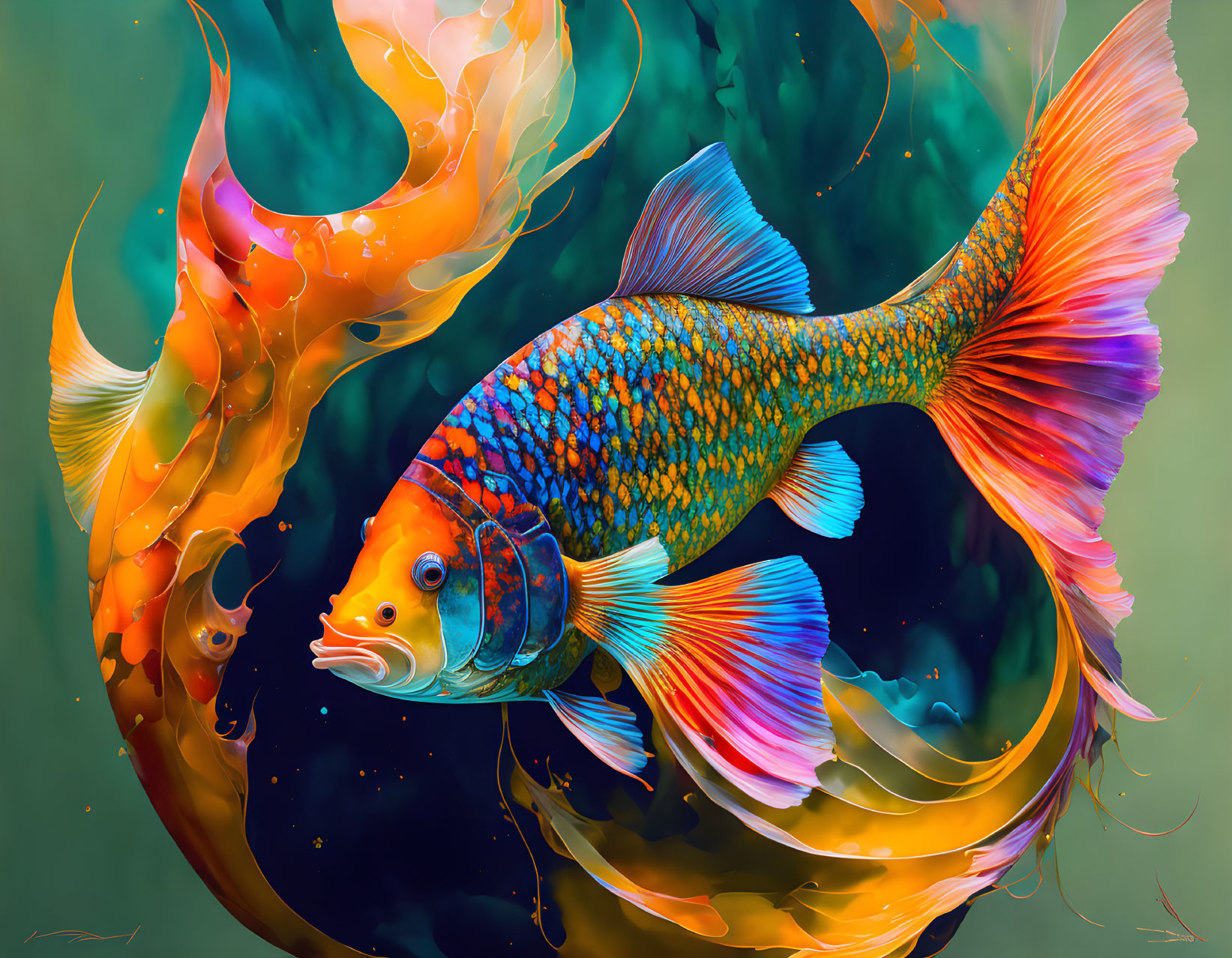 Colorful digital art: Two vibrant koi fish, orange and multicolored, entwined